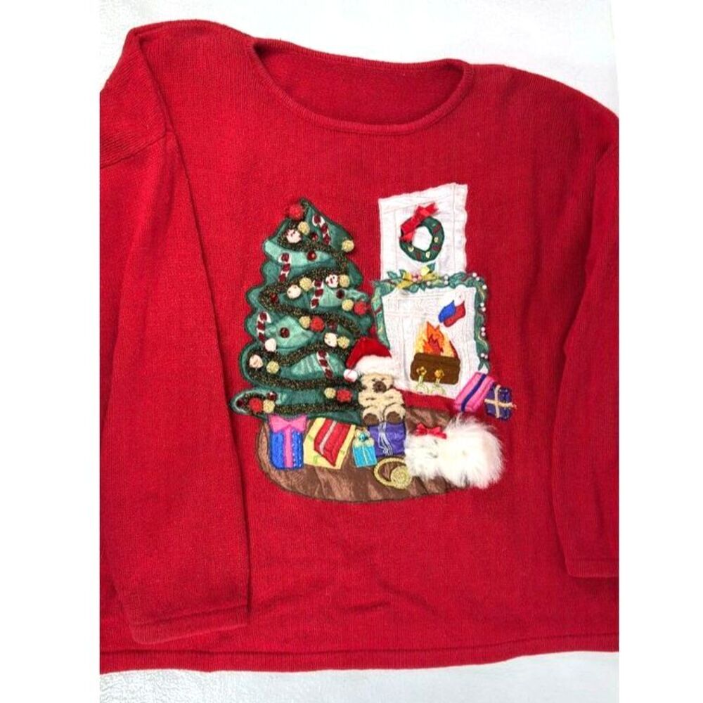 Christmas Sweater Vintage 90s 3D Embroidered Tree Scene Red Large - Picture 3 of 9